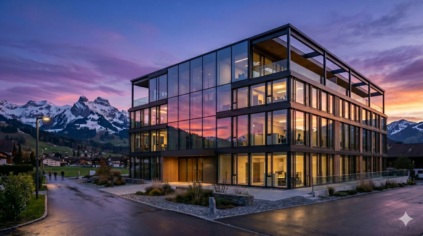 Bâtiment moderne en Suisse romande, devant les Préalpes fribourgeoises